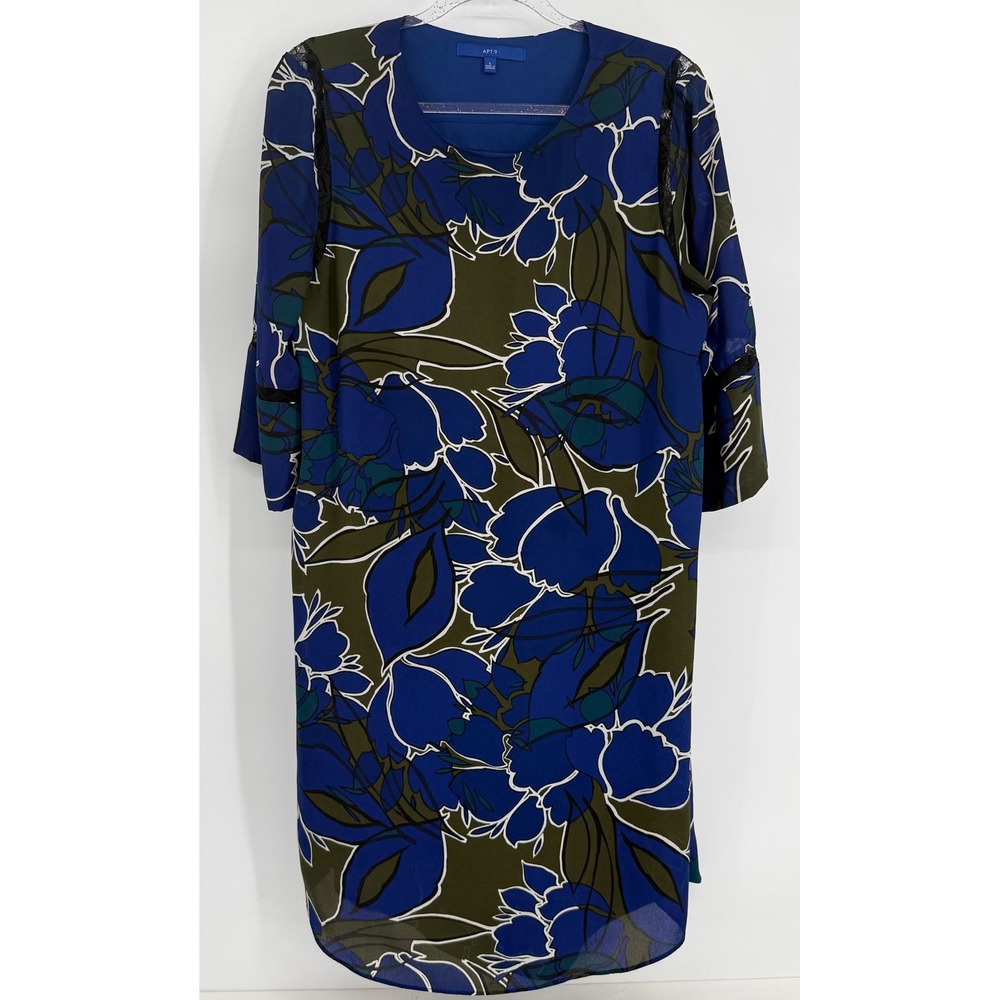 Apt 9 Womens Blue Olive Floral Shift Dressβ Lace Trim 3/4 Sleeve Lined Sz L